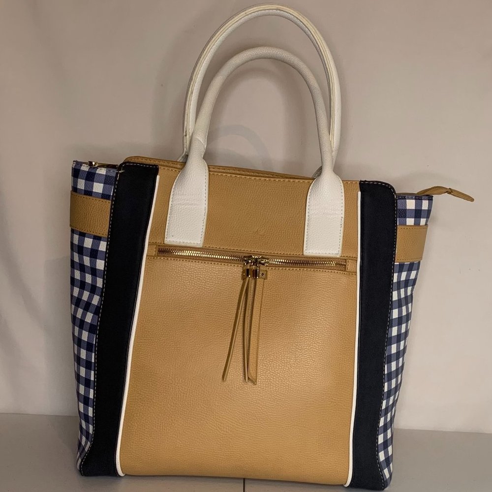 Charming Charlie Blue, White, & Tan Checkered Tote
